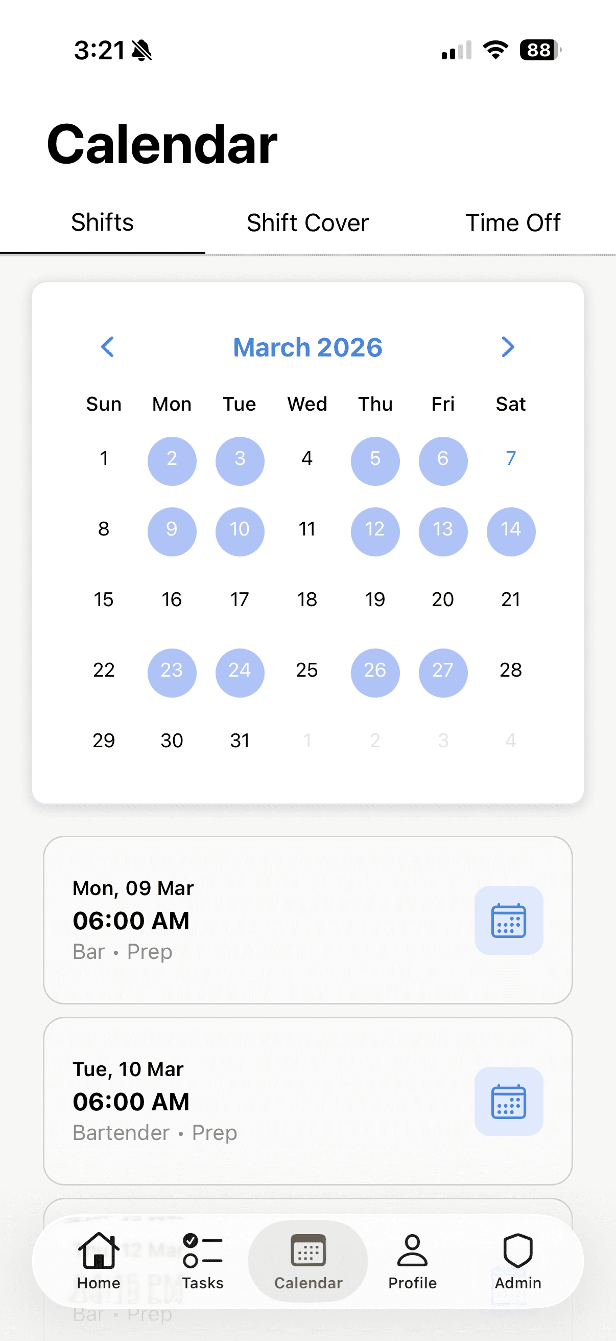 Calendar screen